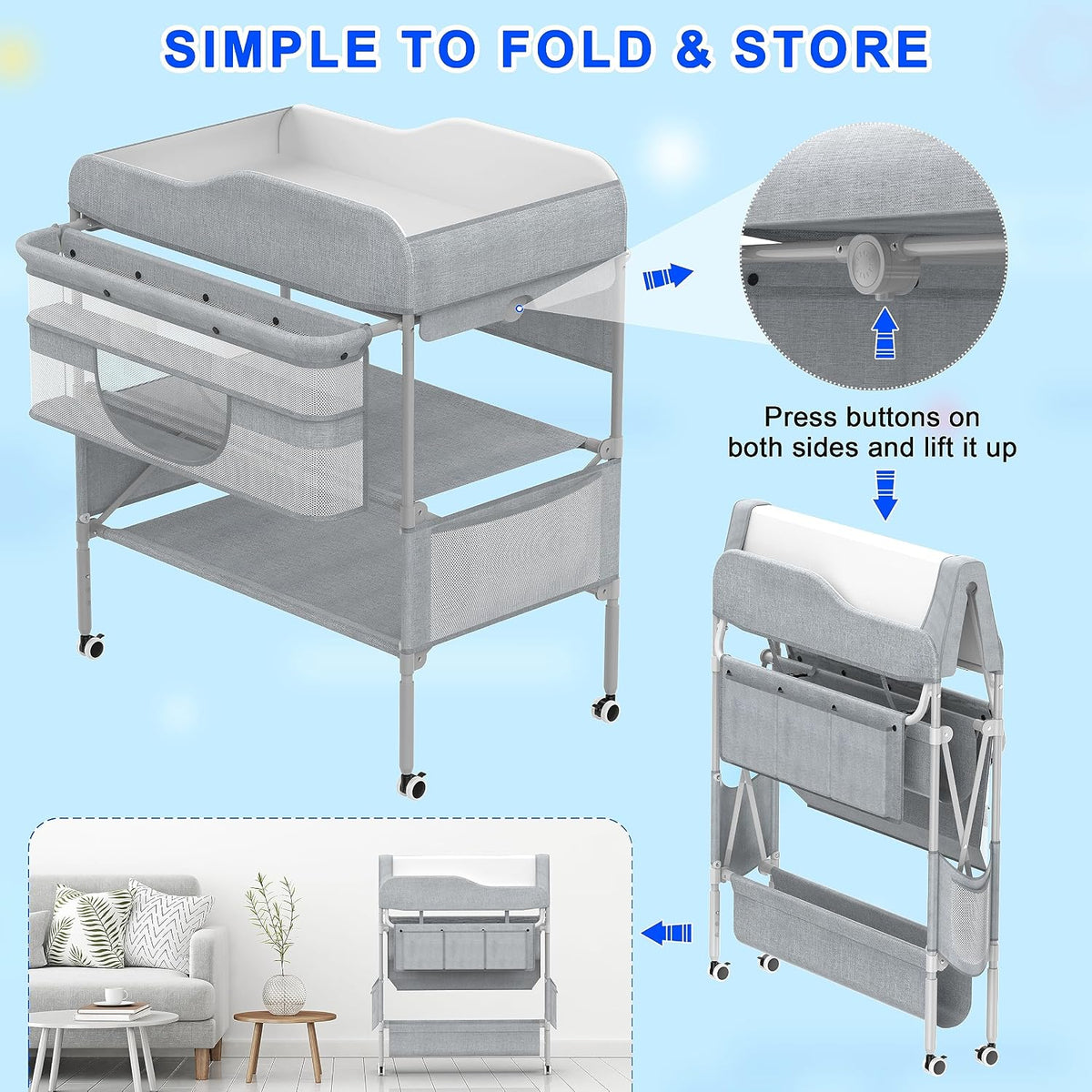 Foldable Nappy Changing Diaper Station with Adjustable Height & Storage