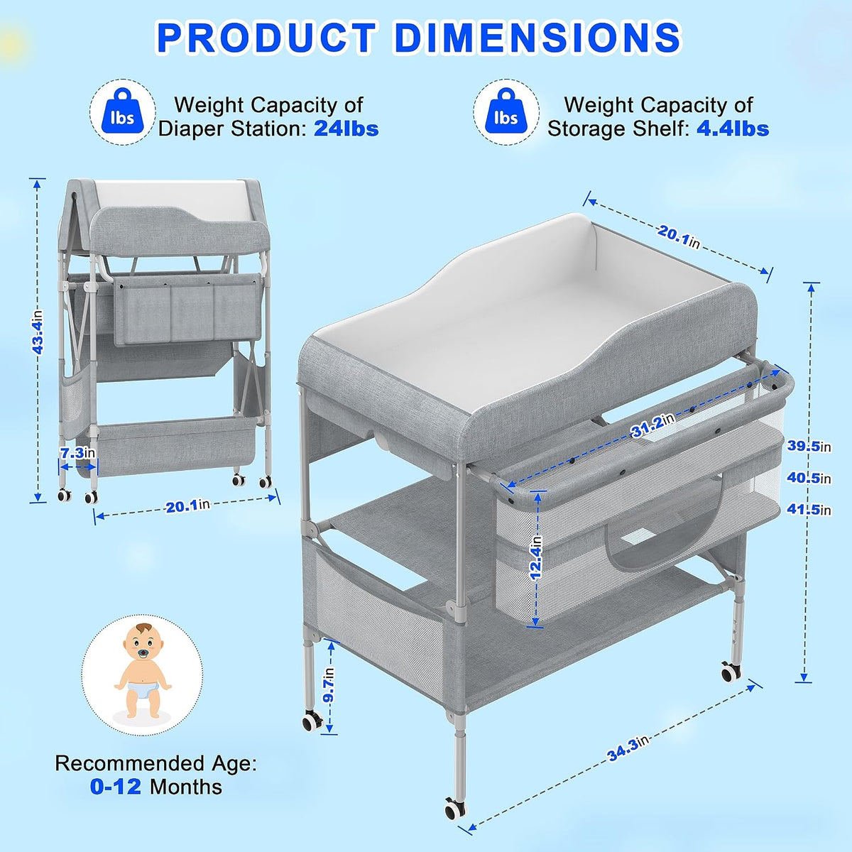 Foldable Nappy Changing Diaper Station with Adjustable Height & Storage