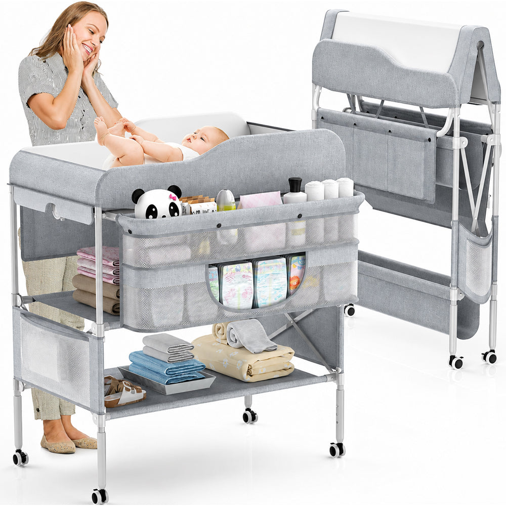 Foldable Nappy Changing Diaper Station with Adjustable Height & Storage