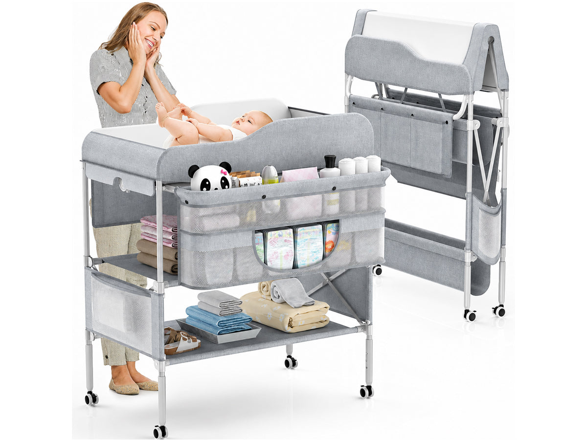 Foldable Nappy Changing Diaper Station with Adjustable Height & Storage