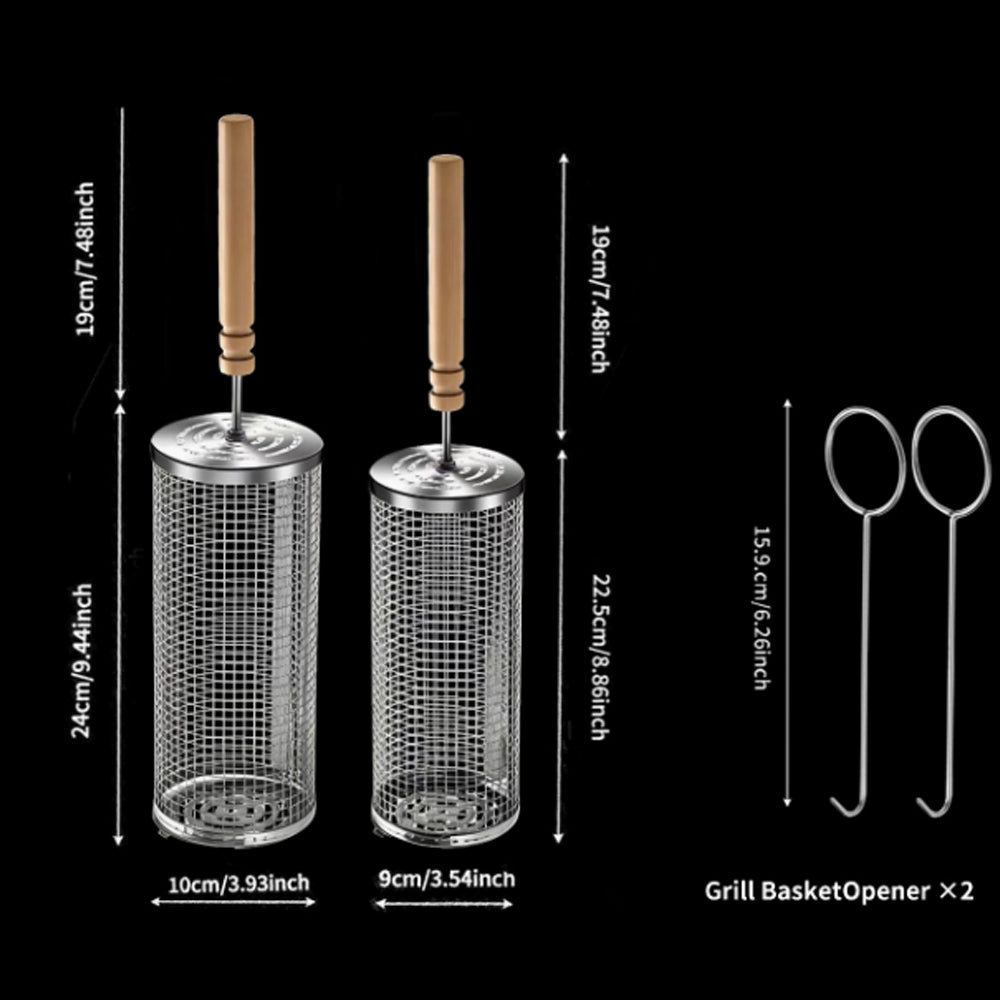 Rolling Grill Basket 2-Piece Stainless Steel BBQ Set with Wooden Handles