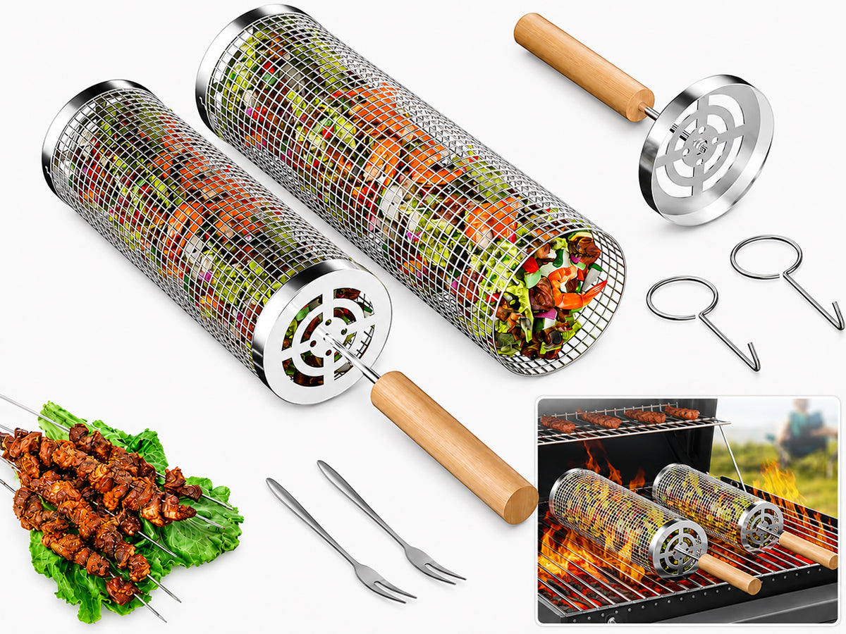 Rolling Grill Basket 2-Piece Stainless Steel BBQ Set with Wooden Handles