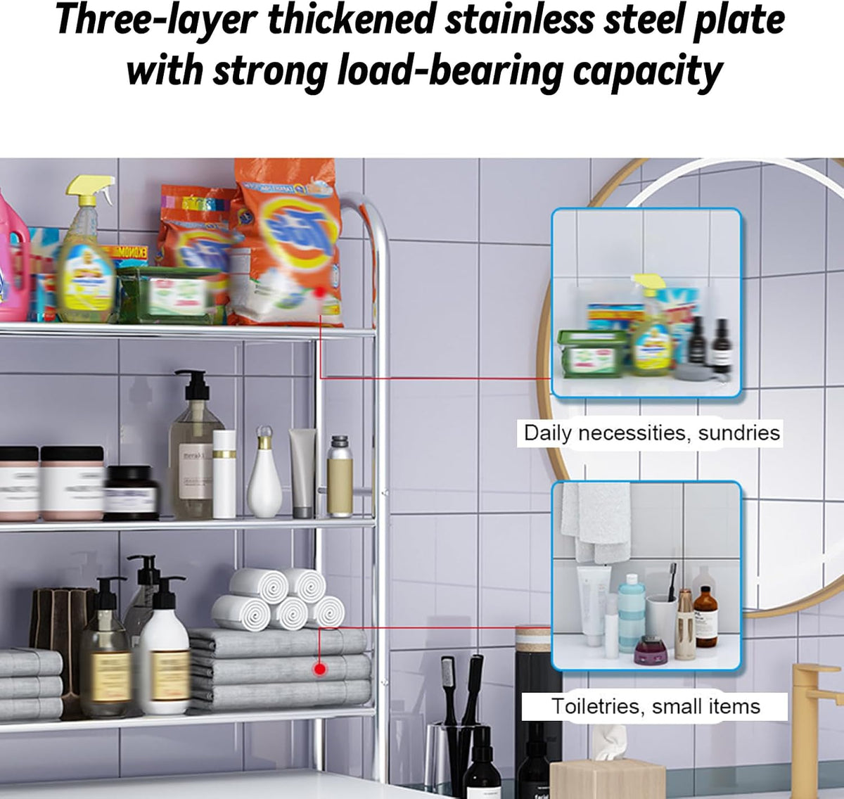 Toilet Storage Rack Organiser 3-Tier Stainless Steel Bathroom Shelf – 155cm