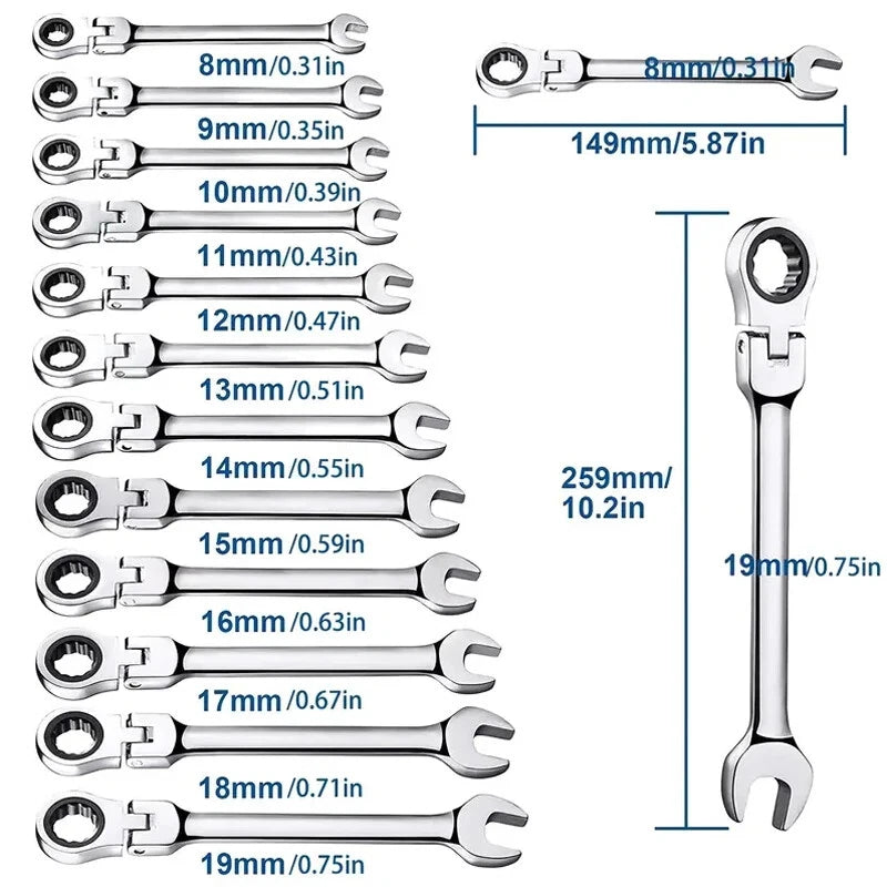 Ratchet Wrench Set – 12-Piece 8–19mm Flex Head Ratchet Wrench Set