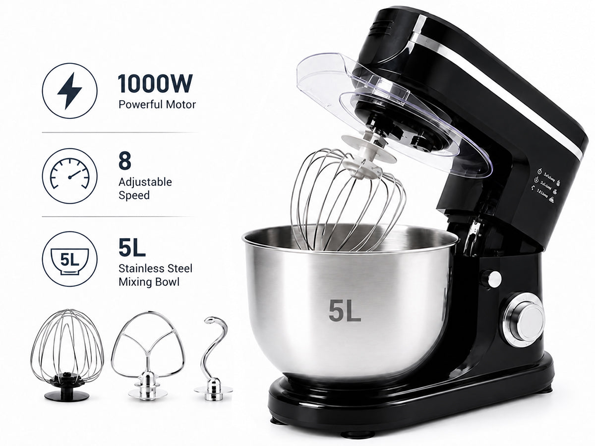 1000W Electric Stand Mixer – 5L Bowl, 6-Speed Multifunctional Mixer with Baking Accessories