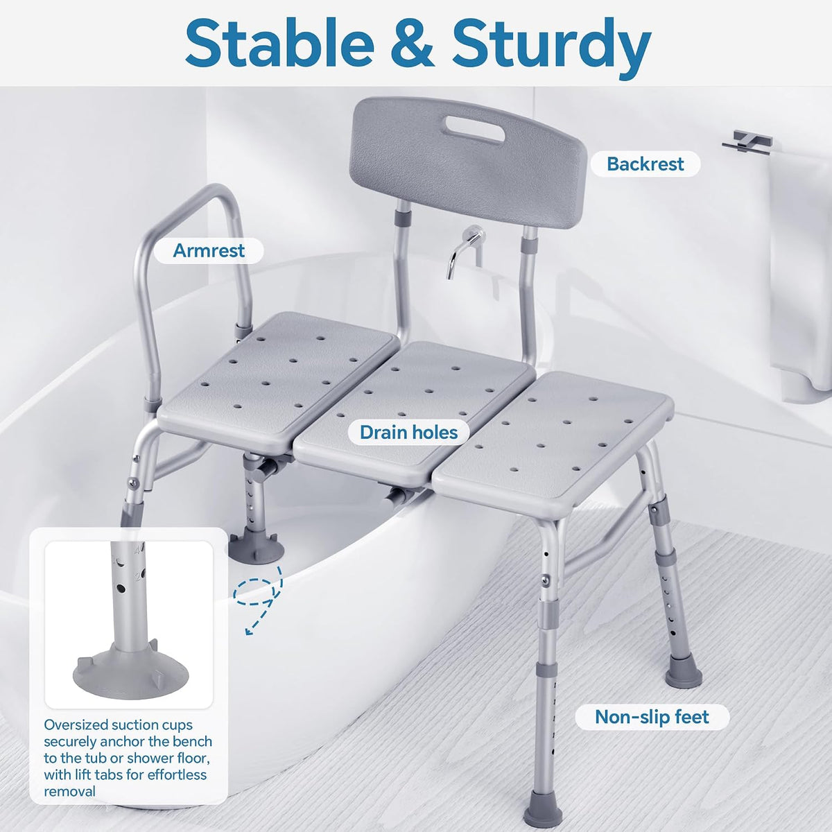 Adjustable Tub Transfer Bench with Armrest and Backrest