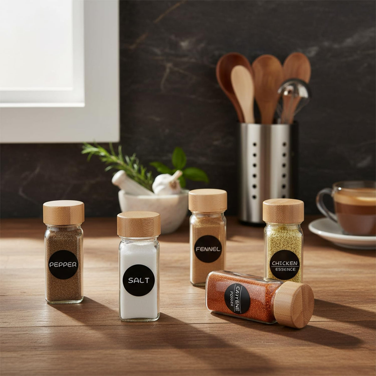 24Pc Glass Spice Jar Set with Acacia Wood Lids & Shakers