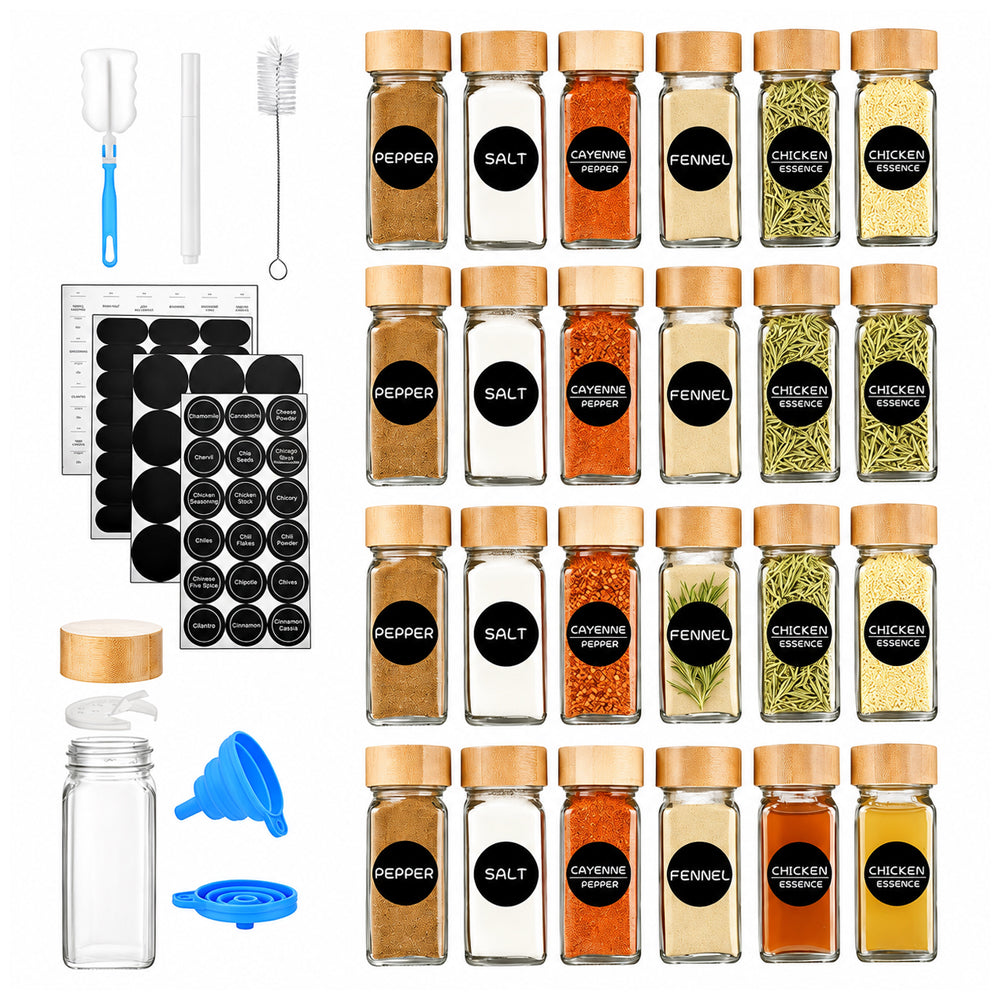 24Pc Glass Spice Jar Set with Acacia Wood Lids & Shakers