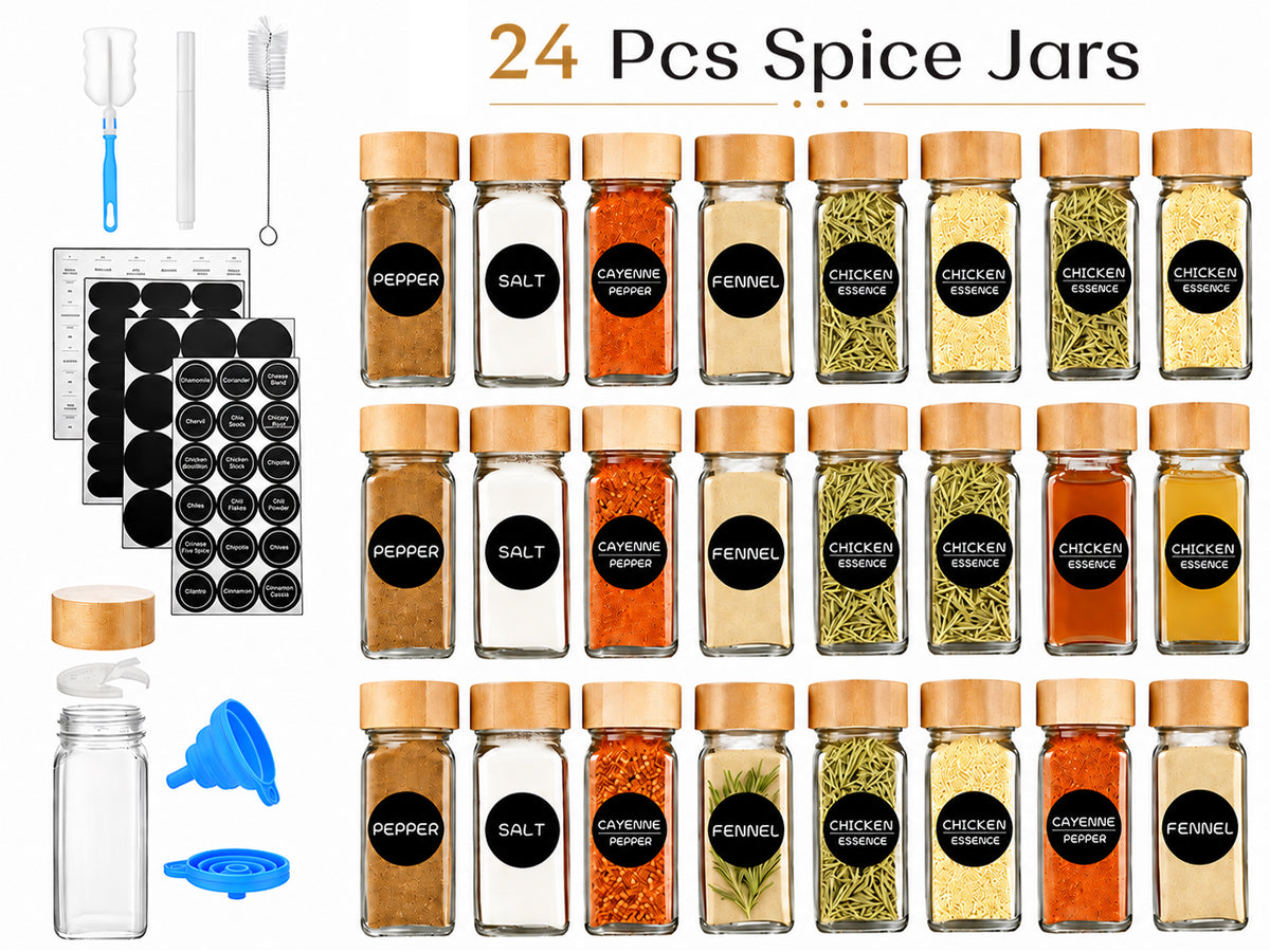 24Pc Glass Spice Jar Set with Acacia Wood Lids & Shakers