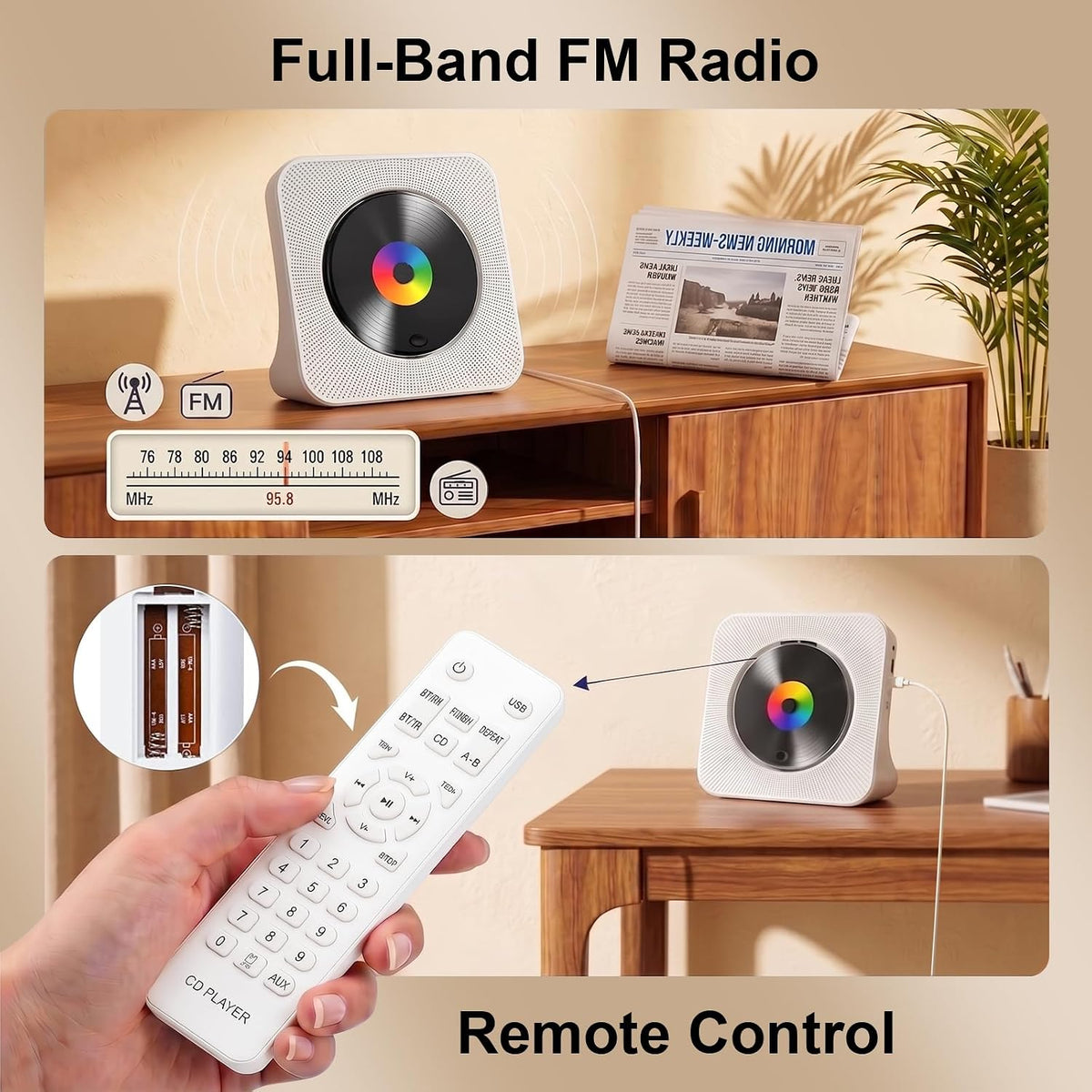 Portable CD Player Bluetooth FM Radio USB Rechargeable White