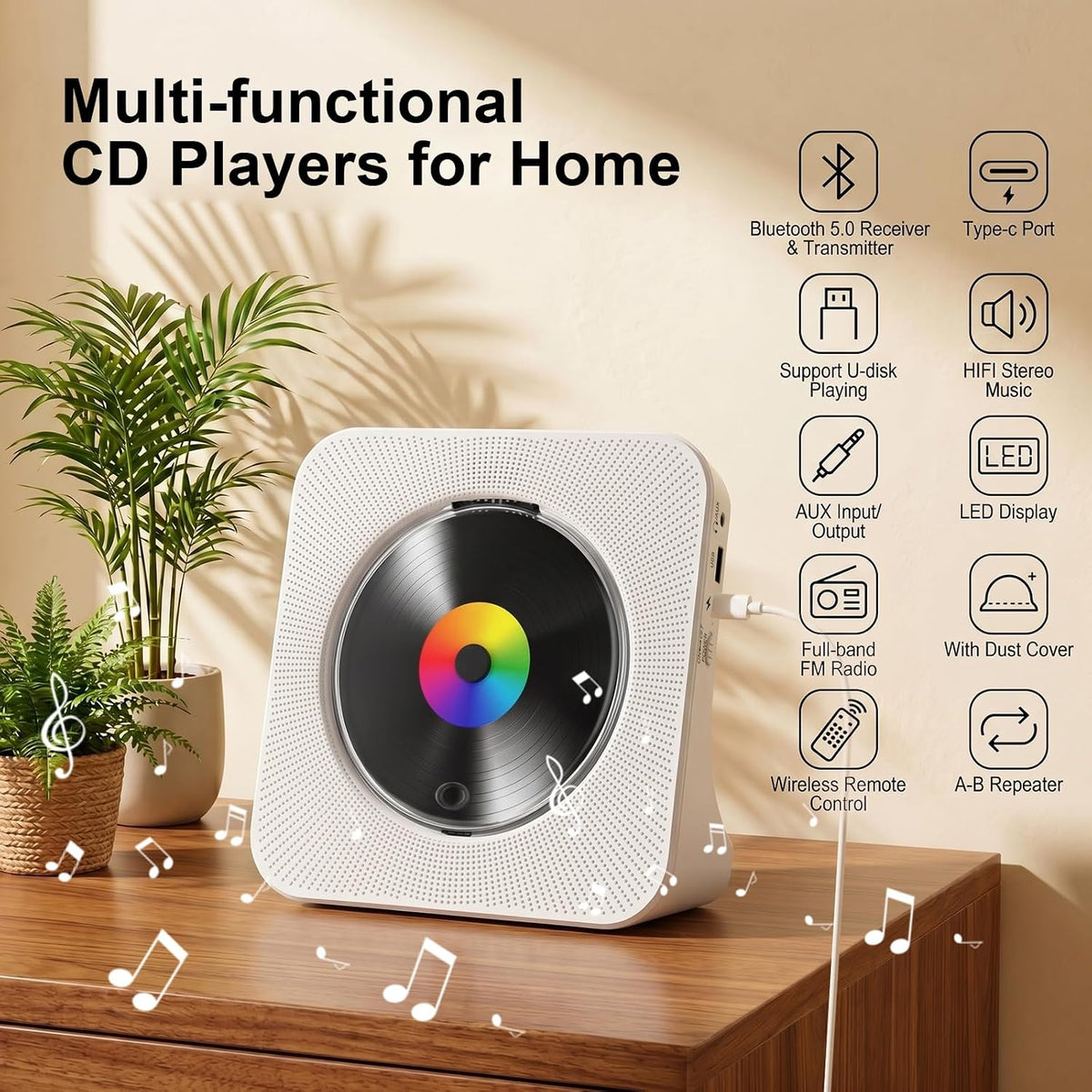 Portable CD Player Bluetooth FM Radio USB Rechargeable White