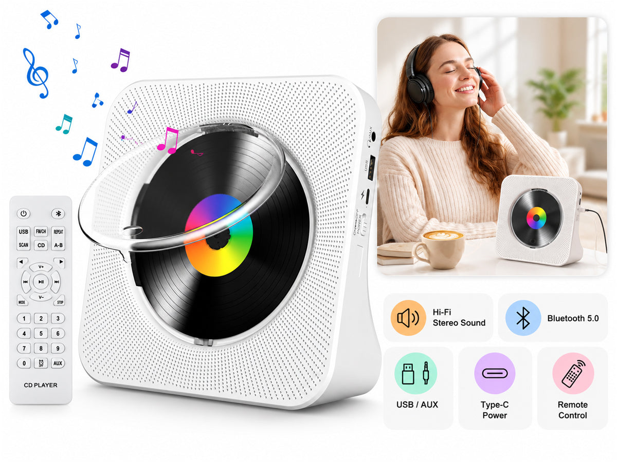 Portable CD Player Bluetooth FM Radio USB Rechargeable White