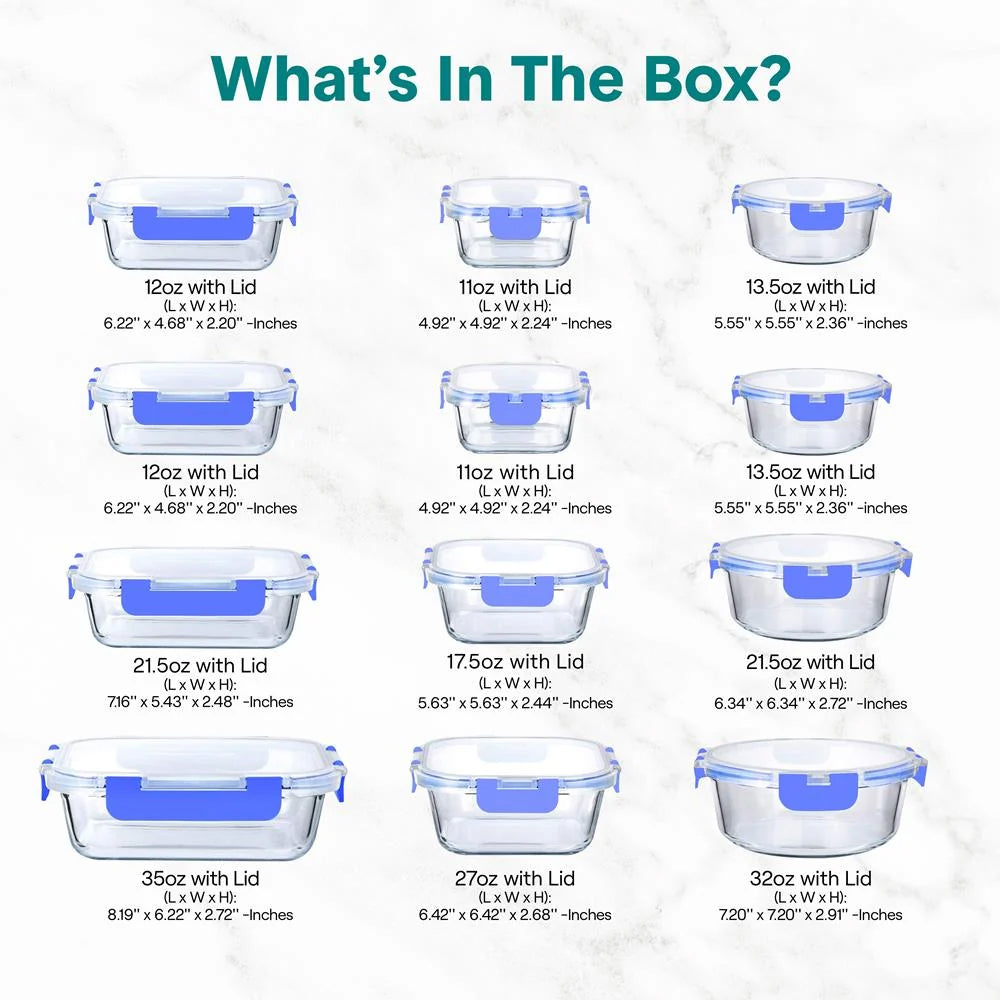 24-Piece Glass Storage Containers Set with Leak-Proof Lids