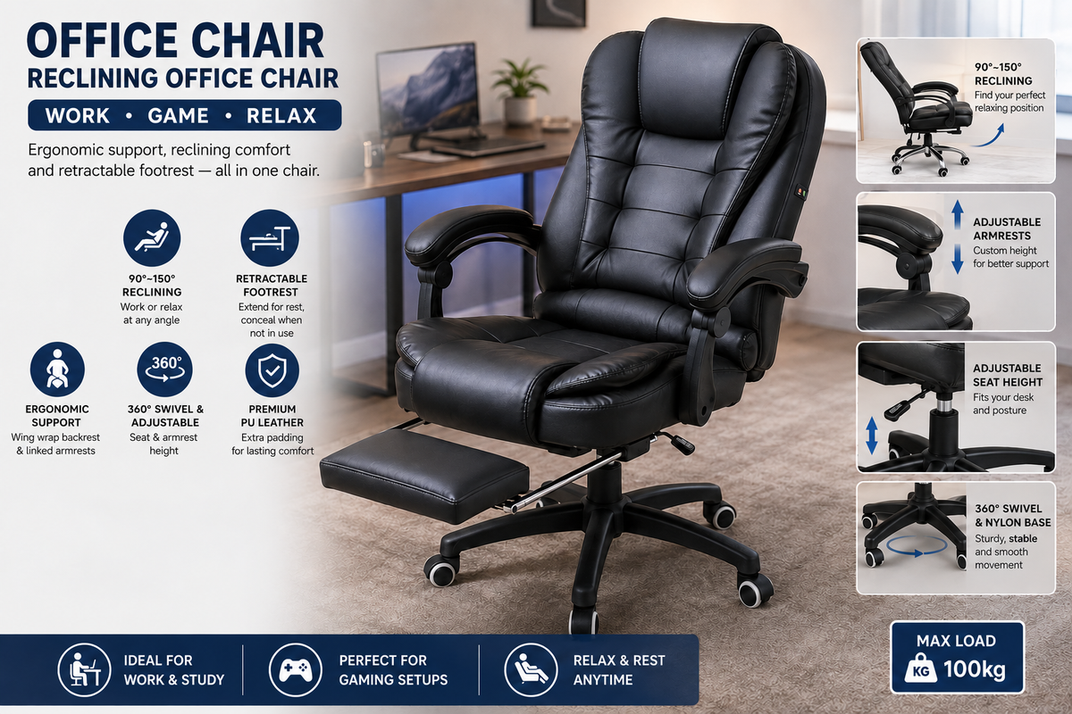Ergonomic Gaming Office Chair – Adjustable PU Leather Computer Chair, Black