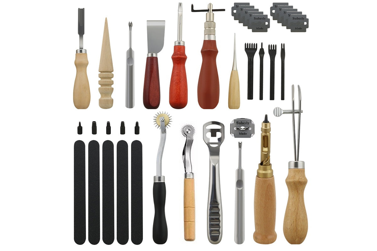 18PCs Leather Craft Tools Kit Tools DIY Groover Punch Kit Stiching Carving Craft Sewing
