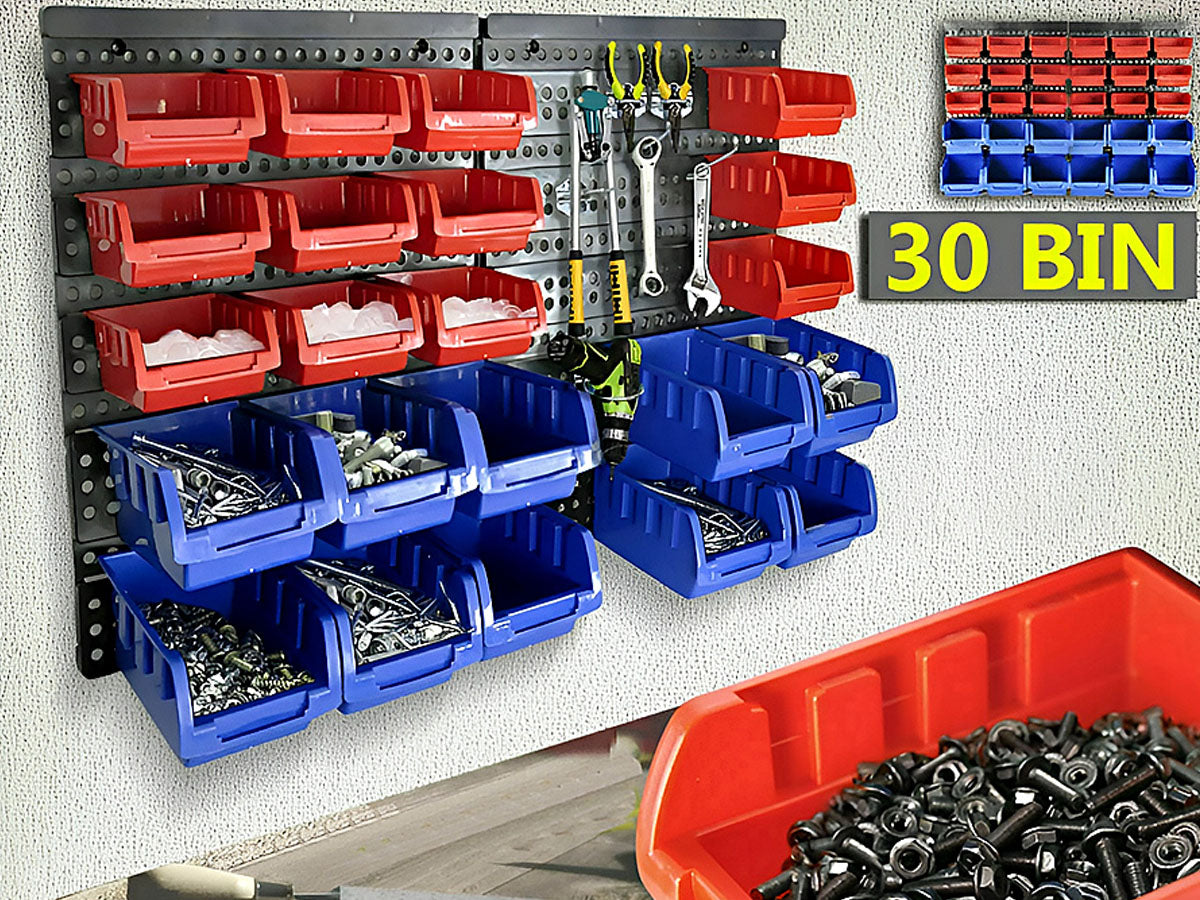Wall Mounted Garage Organiser / Parts Rack With 30 Bins